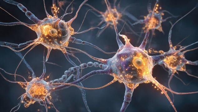 Neural network, glowing cells, intricate connections