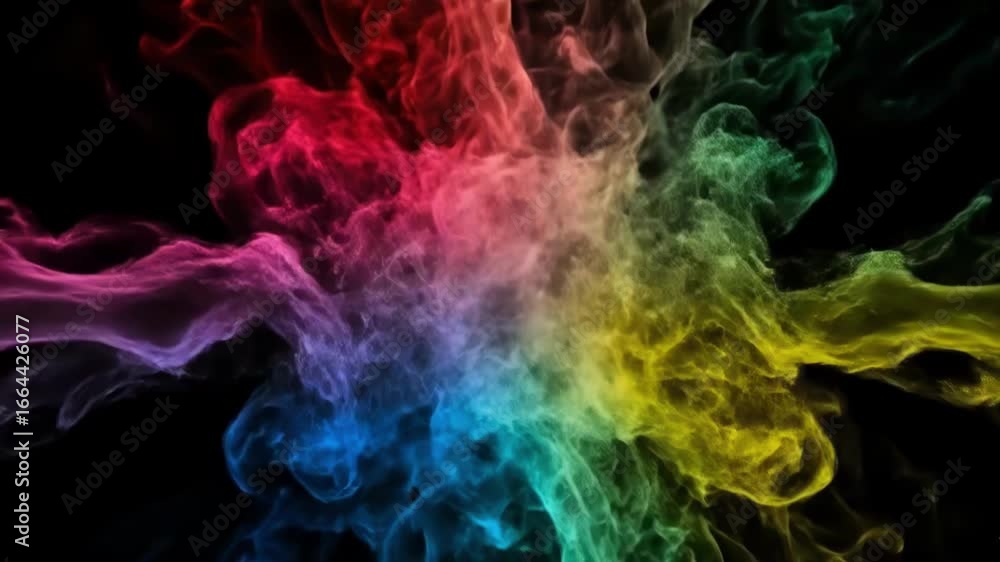 Poster vibrant explosion of colorful smoke swirling and dancing against a stark black background, creating 