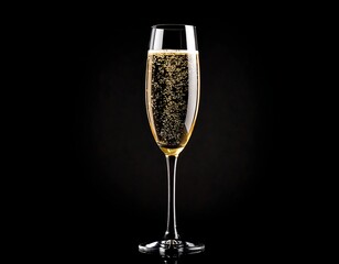 A partially filled champagne flute sits on a reflective surface against a black background
