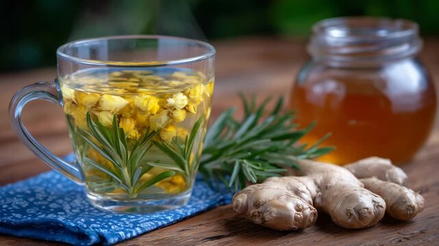 A vibrant close-up of steaming herbal tea featuring turmeric, ginger, mint, and rosemary, with a honey jar and fresh herbs artfully arranged.