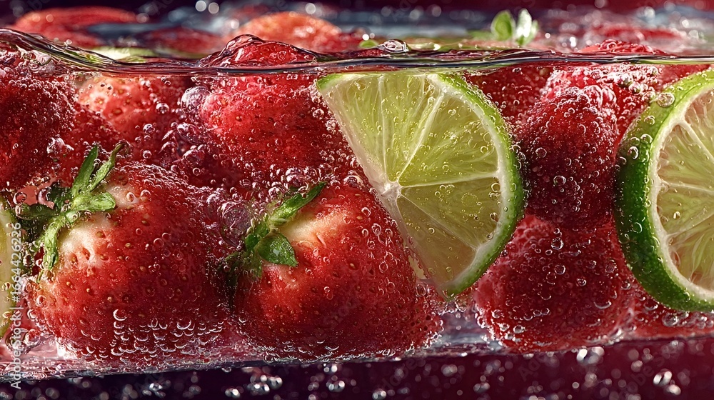 Aufkleber fresh strawberries and lime slices are submerged in sparkling water, creating a refreshing and visua