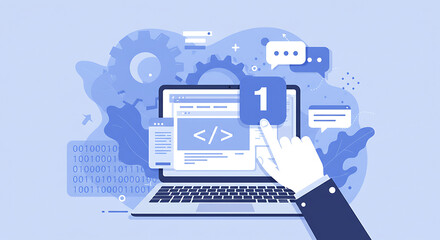 Digital interface with coding elements and notifications on a laptop screen isolated on white background