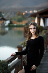 A woman on a wooden bridge. She has blond hair and a black dress with a slit.