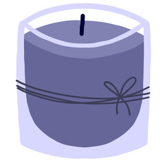 Scented candle in glass jar. Purple aroma candle. Still life.