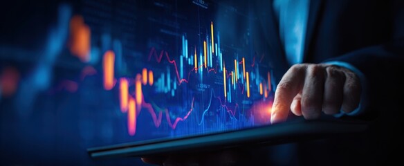 The Tablet Displaying Colorful Financial Charts and Analytics in a Dark Office
