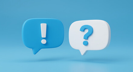 Two 3d speech bubbles one with an exclamation mark and one with a question mark isolated on white background