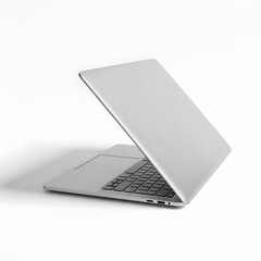 A sleek, modern silver laptop computer partially open, isolated on a clean, minimalist white background.
