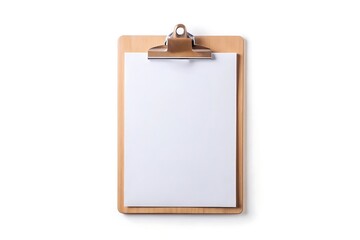 Blank clipboard with white paper isolated on white background, ideal for office and school use