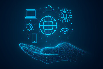 Futuristic digital hand holding holographic global internet network icons, artificial intelligence cloud computing connection, data technology innovation with cyber security and wireless communication