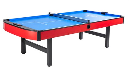 A vibrant, two-in-one  table, featuring a red frame and blue playing surfaces, perfectly showcasing a combination of pool and table tennis.
