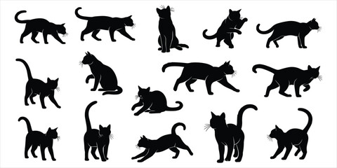 Collection of black cat silhouettes in different poses on white background cats animal