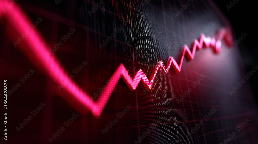 Poster red jagged line graph on digital screen shows labor market report discussion with fluctuating data a