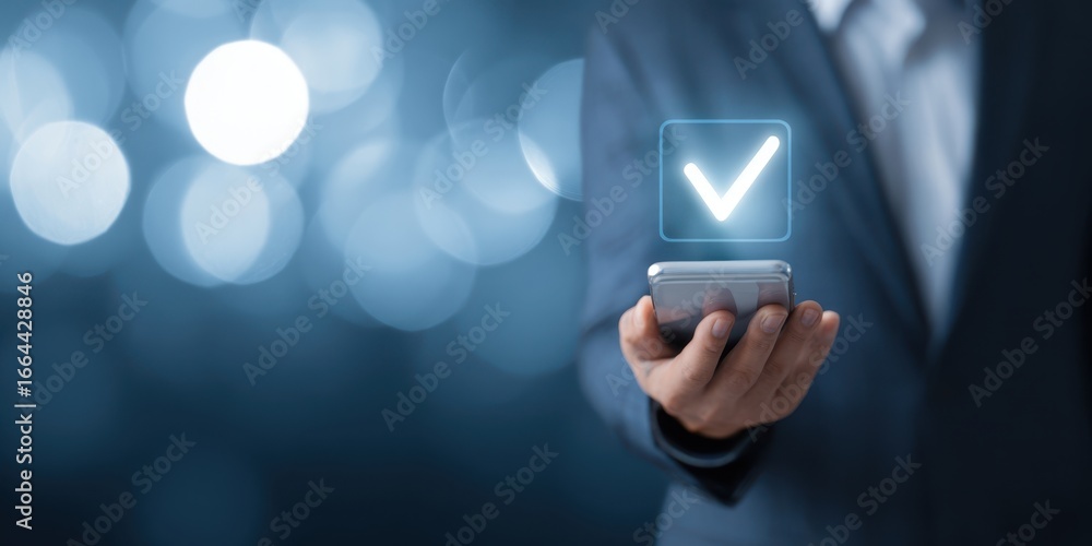 Poster the smartphone with holographic checkmark indicating secure mobile verification and approval