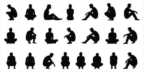 Collection of diverse human silhouettes in various sitting and squatting poses people male