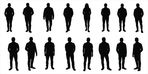 Collection of male and female silhouettes in casual attire on white background people group