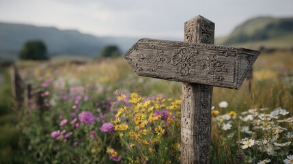 Wooden Signpost In Blooming Meadow. Rustic Guidepost Amidst Vibrant Wildflowers In Countryside Landscape