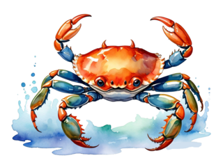 Adorable red crab in watercolor style, smiling face, kids clipart, transparent.