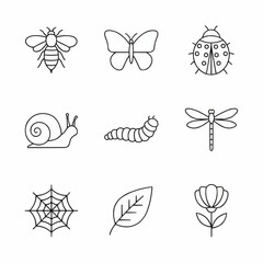 Collection of nine simple, outlined icons of insects, plants, and elements of nature, including bees, butterflies, dragonflies, and flowers