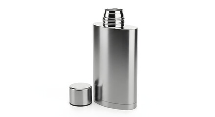A polished stainless steel hip flask with its cap resting beside it, isolated on a white background.