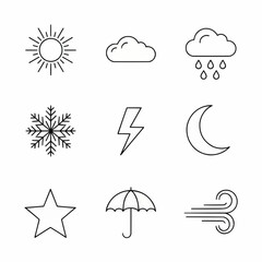set of nine weather-related icons. Includes symbols for sun, cloud, raindrop, snowflake, lightning, moon, star, umbrella, and wind