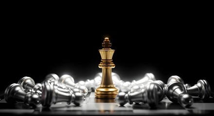 Golden King Chess Piece Stands Victorious Over Fallen Silver Pawns Symbolizing Strategy and Triumph
