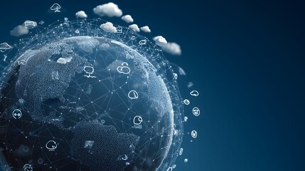 A globe with a lot of clouds and a lot of icons on it. The globe is spinning and the icons are flying out of it