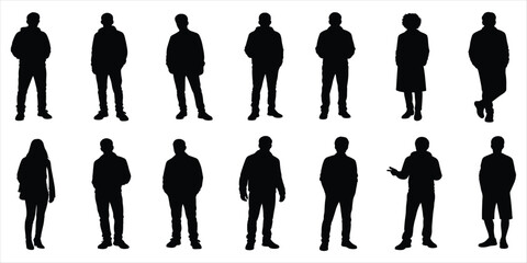 Diverse group of male and female silhouettes in casual clothing on white people woman
