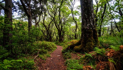 Obraz premium Lush green forest path, mossy trees