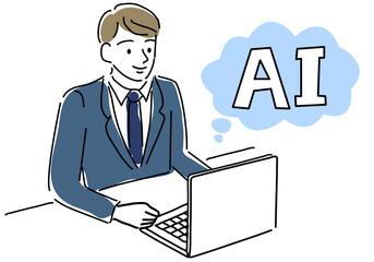 AIを活用する男性会社員シンプル線画