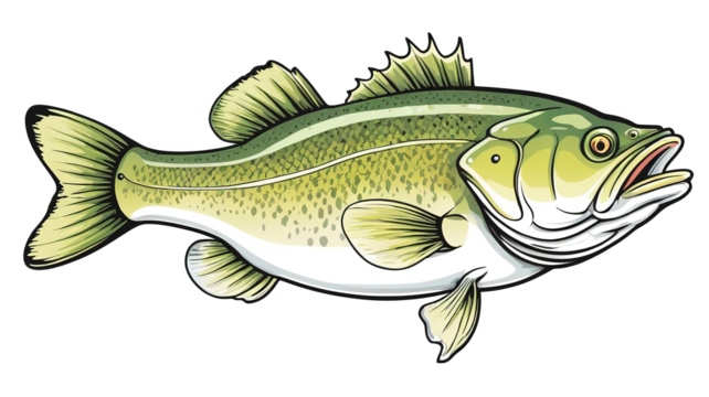 Detailed bass fish silhouette clipart, isolated on transparent background.