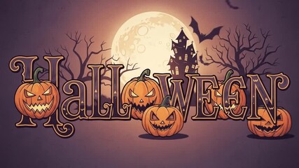 Eerie Halloween Night Animation with Pumpkins, Bats, and Spooky Castle Silhouettes Against a Glowing Moon: Perfect for Holiday Greetings, Invitations, and Festive Backgrounds