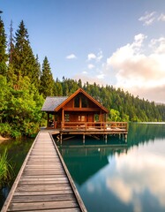 Fototapeta premium Lakeside Cabin at Dawn