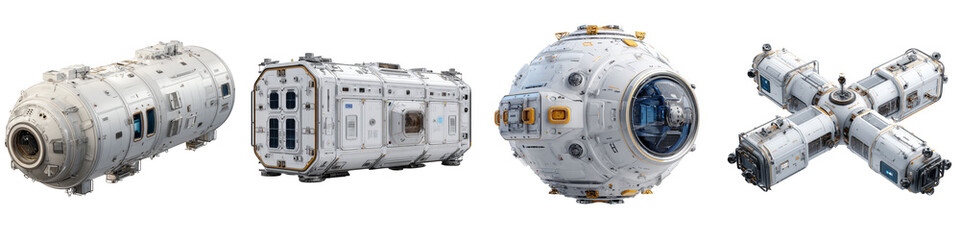 futuristic space modules and capsules detailed exploration on transparent background