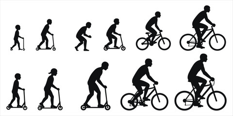 Naklejka premium Evolution of transportation from scooter to bicycle in silhouette child