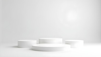 Minimalist podium scene featuring three white empty platforms or stages arranged in a row for product advertising or presentation