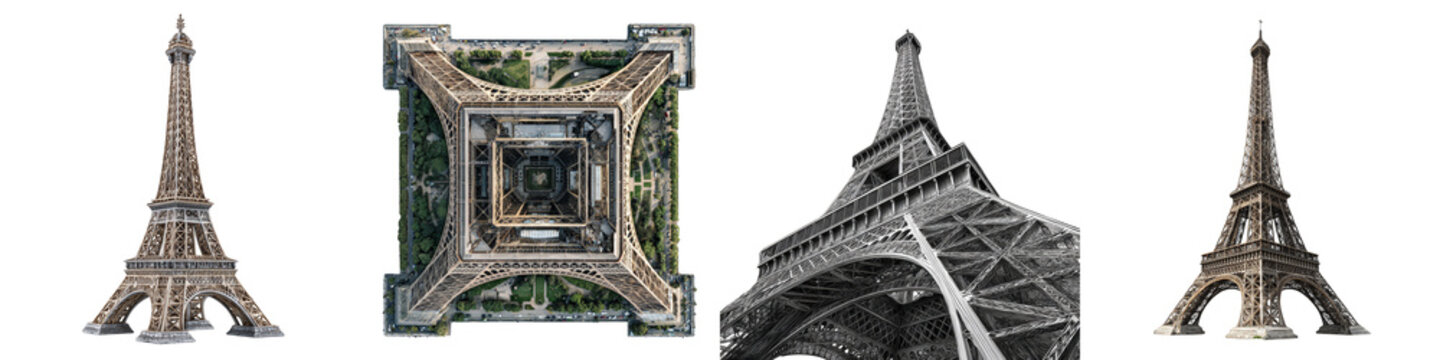 Eiffel Tower views top-down side angle close-up detail on transparent background