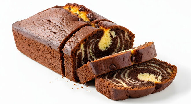 Sliced marble cake loaf with chocolate and vanilla swirls on a white background.