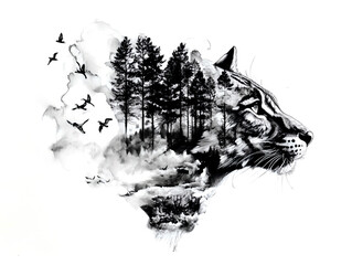 Black and white double exposure artwork combining a tiger face, pine forest, and flying birds in a surreal wildlife scene.