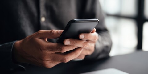 The Smartphone Held by Hands While Texting in a Modern Office Workspace