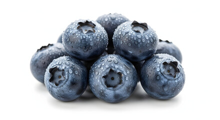 A close-up shot of a small pile of fresh, ripe blueberries covered in tiny water droplets, isolated on a white background.