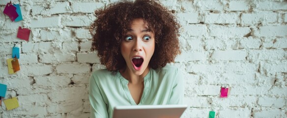 The woman staring at her tablet with an astonished expression against white brick wall