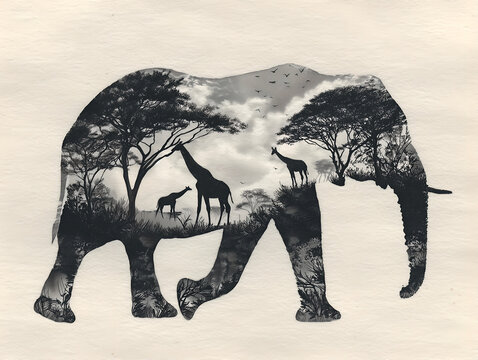 Black and white double exposure combining elephant silhouette, savannah, giraffes and flying birds in a surreal wildlife scene. Ink drawing, sketch