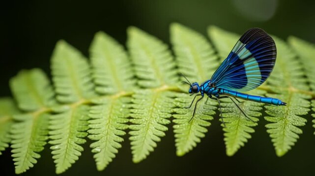 Detailed Close Up of a Blue Dragonfly Resting on a Vibrant Green Fern Leaf with Intricate Vein Patterns and a Blurred Dark Background