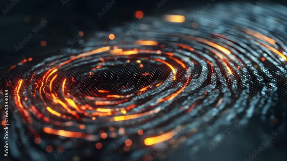 Poster abstract representation of a glowing fingerprint pattern on a dark background, showcasing intricate 