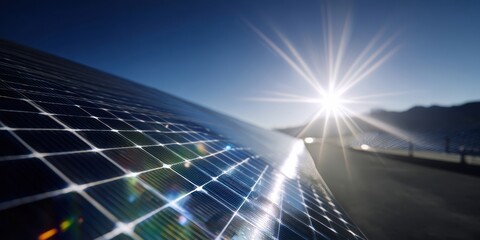 The Solar Panels Glinting Under Bright Sunlight On A Clear Blue Sky Horizon