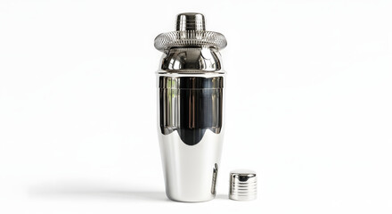 A stainless steel cocktail shaker with a measuring cup on a white background.