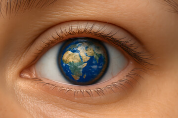 Human eye close up with planet earth globe as iris creative concept of global vision world awareness environmental protection sustainability future humanity perspective international unity ecology nat