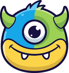 A cute and friendly cartoon monster with a single large eye. The monster's head is split into two colors, half blue and half green, with two small horns on top. It has a yellow lower jaw, a wide