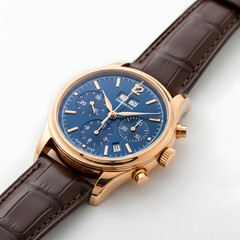 Close-up of a rose gold chronograph wristwatch with a blue dial and brown leather strap.