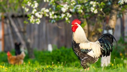 A rooster stands proudly in a grassy yard, surrounded by blossoming trees and a rustic wooden building.